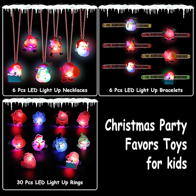 KIMOBER 42PCS Christmas Party Favors for Kids,Glow Rings Necklaces Bracelets,Light Up Xmas Toys Glow in the Dark Party Supplies for Christmas Candy Bag Fillers Party Decorations