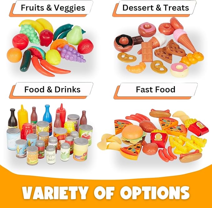 170 PCS Pretend Play Food Toys for Kids Play Kitchen - BPA-Free Mini Kitchen Accessories and Plastic Fake Food Toys with Veggies, Fruits, Pizza - Imaginative Play Set for Toddlers, Boys, Girls