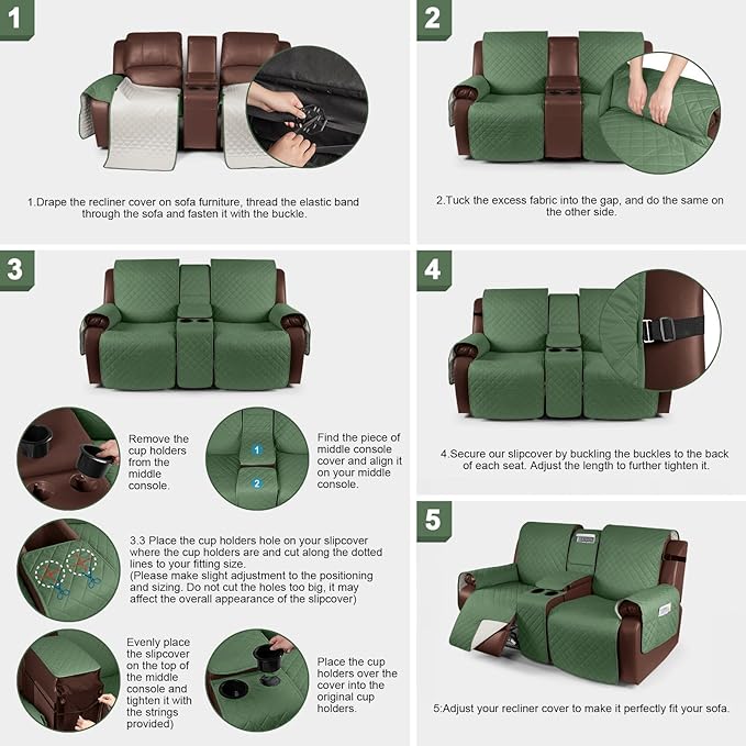 KinCam 100% Waterproof Recliner Loveseat Cover with Console, Non-Slip Reclining Couch Covers for 2 Seat, Recliner Sofa Cover Furniture Protector with Elastic Straps for Kids, Pets, Vine Green