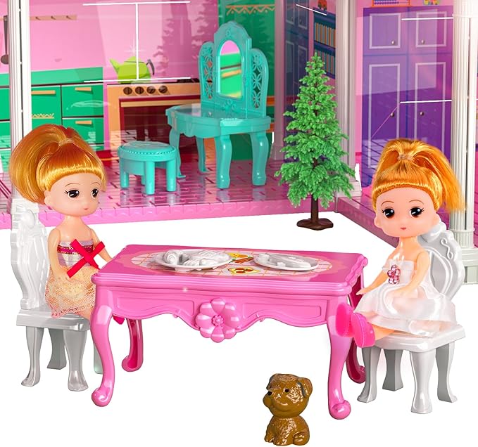 TEMI Villa Toys for 3-8 Years Old Girls - 2 Storeys 4 Rooms Indoor Playset with 2 Dolls, Furniture and Accessories, Pretend Girls Plays, Building Toys, Gifts for Kids 3-5