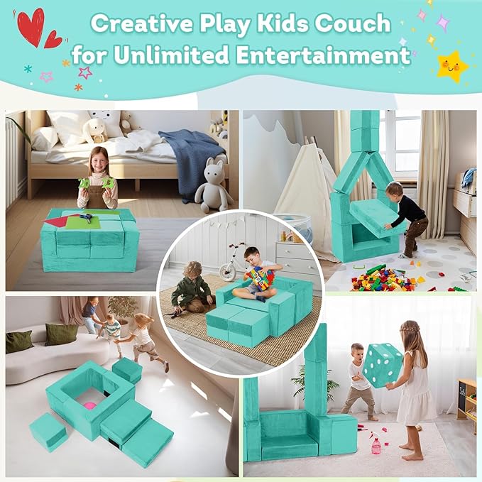 Kids Couch Sofa, 7 Pcs Modular Toddler Couch, Freely Removable Kids Chair Sofa for Playing, Creativity, Sleeping, Versatile Fold Out Baby Play Couch Set for Playroom, Bedroom Furniture