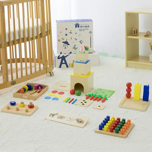 Adena Montessori Play Kit for 16-18 Months Baby,6 in 1 Learning Educational Toys for Toddler,Include 7-in-1 Play Set,Farm Animal Puzzle,Stacking Pegboard and more,Christmas Birthday Gift for Boys Girl