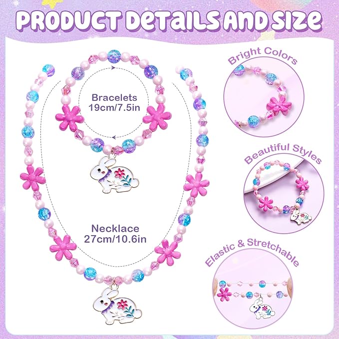 4 Sets Girls Jewelry Princess Unicorn Flower Frozen Necklaces Bracelets for Toddler Girl Princess Costume Dress Up Play Party Favors Toy Gifts for Little Girls Years Old 3 4 5 6 7 8