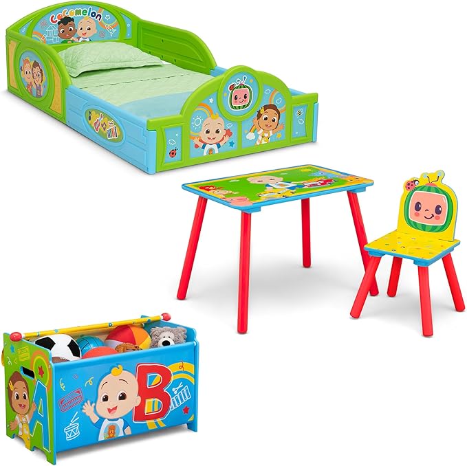 Delta Children - CoComelon 4-Piece Toddler Room-in-a-Box Set – Includes Sleep and Play Toddler Bed, Table, 1 Chair and Toy Box, Green