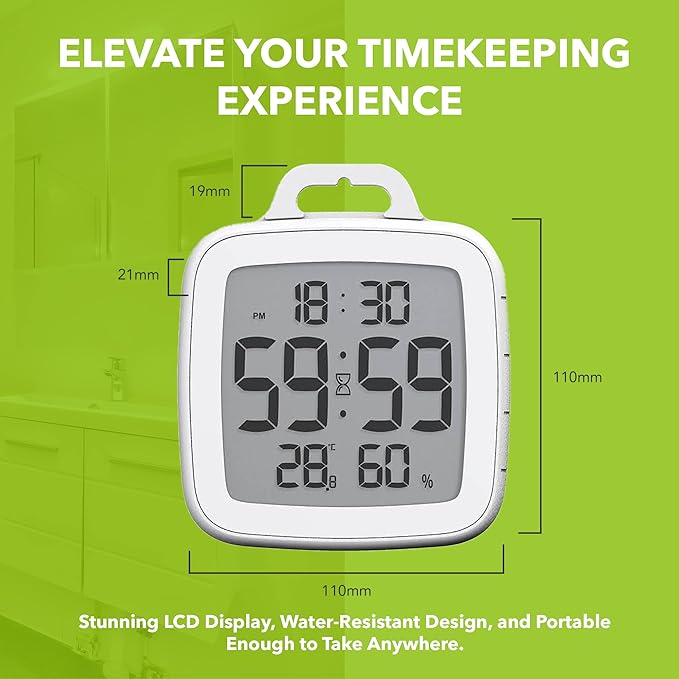 BALDR Digital Bathroom Clock with Timer - Waterproof Shower Clock with Time and Temperature - Waterproof Shower Timer for Kids and Adults - Bathroom Timer, Digital Shower Clocks for Bathroom