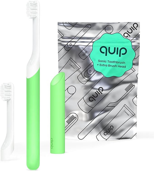 Quip Sonic Toothbrush for Kids with Timer - Includes Extra Brush Head and Travel Cover Mount - Electric, Soft Bristle Refill Head, Rubber Handle, 3 Month Battery Life - Glow in The Dark, Green