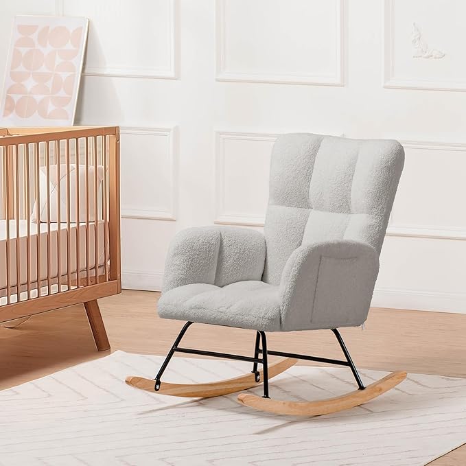 COMHOMA Nursery Rocking Chair, Teddy Upholstered Glider Rocking Chair with Side Pockets, Accent Chair with High Backrest Reading Chair for Adult, Nursery, Bedroom, Living Room,Offices (Grey)