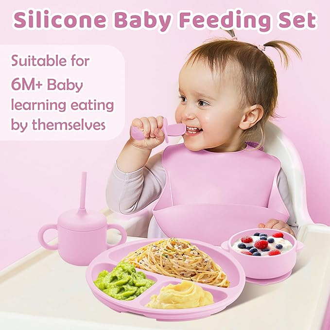 Silicone Baby Feeding Set, Baby Led Weaning Supplies, Eating Essentials Utensils with Suction Plate and Bowl, Pocket Bib, Sippy Cup with Lid, Forks Spoons Snack Container, for 6+ Months, Pink