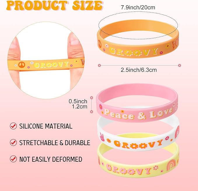 28 Pieces Groovy Retro Hippie Silicone Wristbands Daisy Flower Peace and Love Rubber Bracelets Daisy Party Favors for Kids adults 60s 70s Two Groovy themed Birthday Party Decoration Supplies