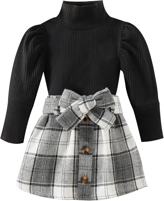 Fernvia Toddler Baby Girl Fall Winter Skirt Set Turtleneck Ribbed Long Sleeve T-Shirt Top & Plaid Skirts Dress 2Pcs Outfits