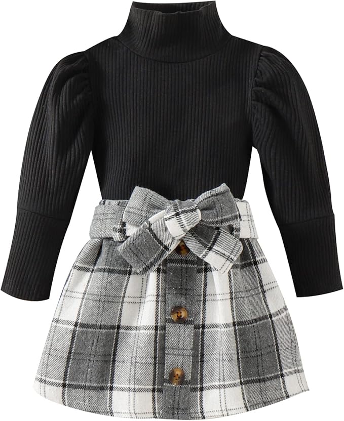 Fernvia Toddler Baby Girl Fall Winter Skirt Set Turtleneck Ribbed Long Sleeve T-Shirt Top & Plaid Skirts Dress 2Pcs Outfits
