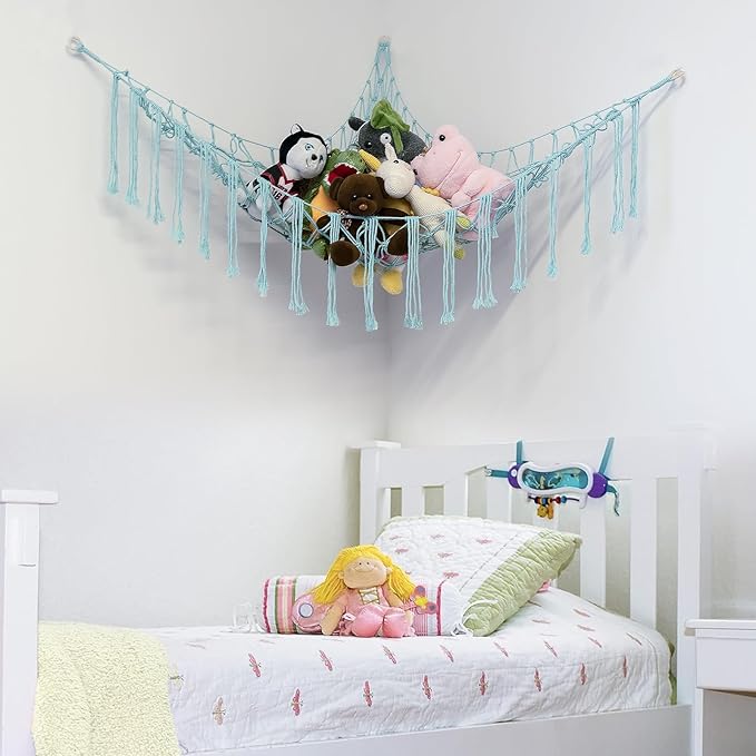 Boho Stuffed Animals Net or Hammock Large,55 inch Toy Hammock Macrame Stuff Animal Storage Corner Hanging Net Holder,Mesh Hammock Plush Toy Organizer with Hooks for Bedroom,Nursery (pale blue)