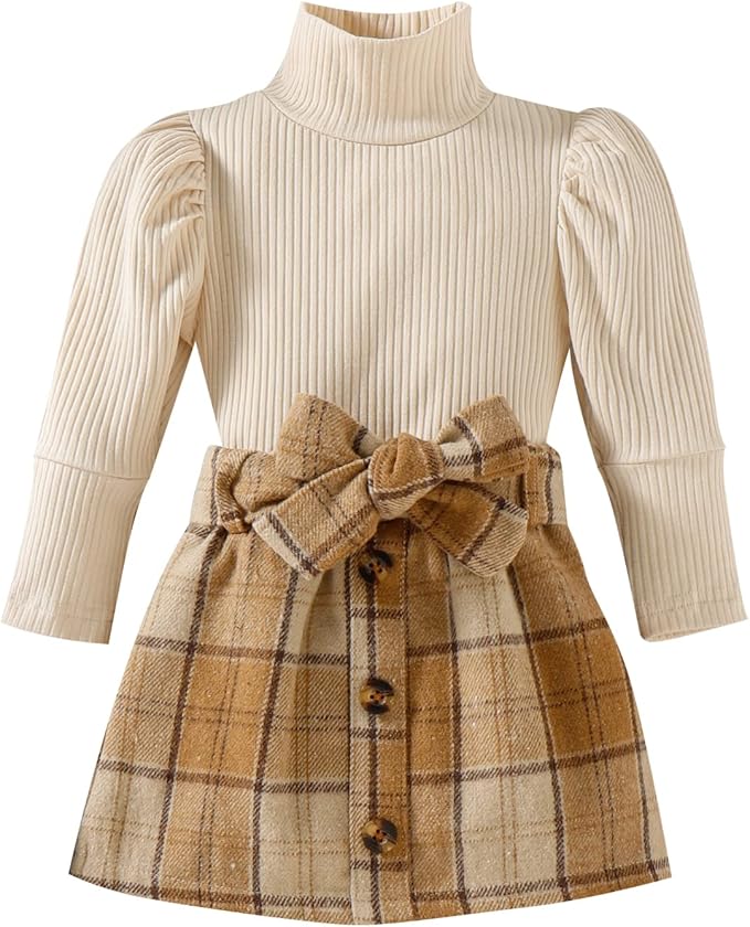 Fernvia Toddler Baby Girl Fall Winter Skirt Set Turtleneck Ribbed Long Sleeve T-Shirt Top & Plaid Skirts Dress 2Pcs Outfits