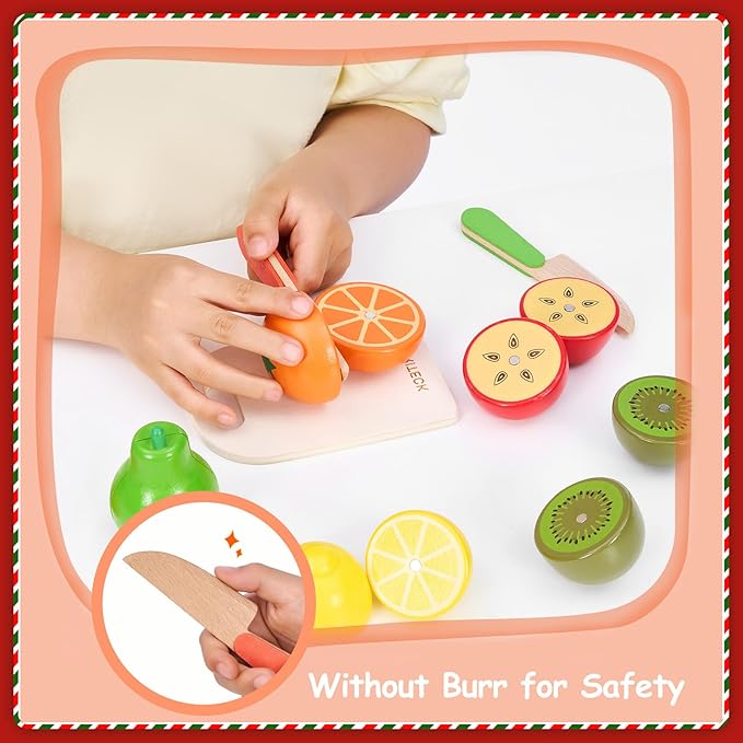 Wooden Play Food Sets for Kids Kitchen Accessories, Realistic Wood Cutting Fruits Toys for 3- Year Old Toddlers, Mini Pretend Play Fake Fruit Birthday Gifts for 3 -6 Years Girls Boys