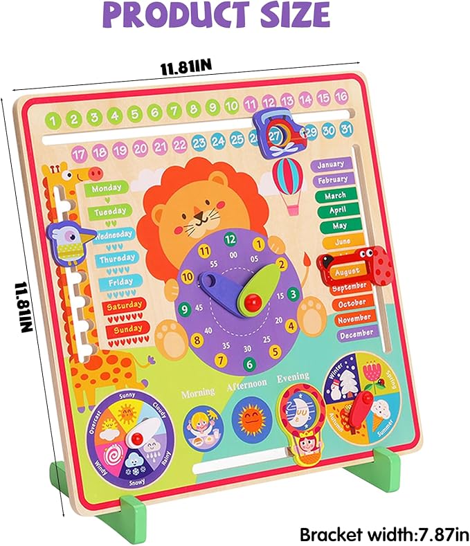 Montessori Toys for 4 Year Old,Wooden Calendar and Teaching Clock for Kids Learning Clock for Telling Time, Date, Days of The Months, Seasons and Weather-Educational Toys for Boys and Girls（7 in 1）