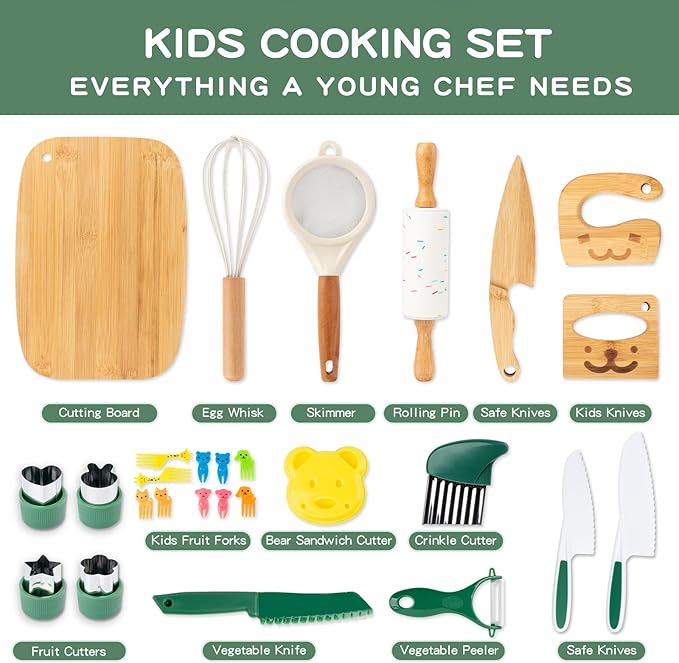 18 PCS Kids Cooking Sets Real, Montessori Kitchen Tools for Toddlers, Cooking & Baking Set for Kids Little Chefs, Toddler Knife Set, Crinkle Cutter, Cutting Board