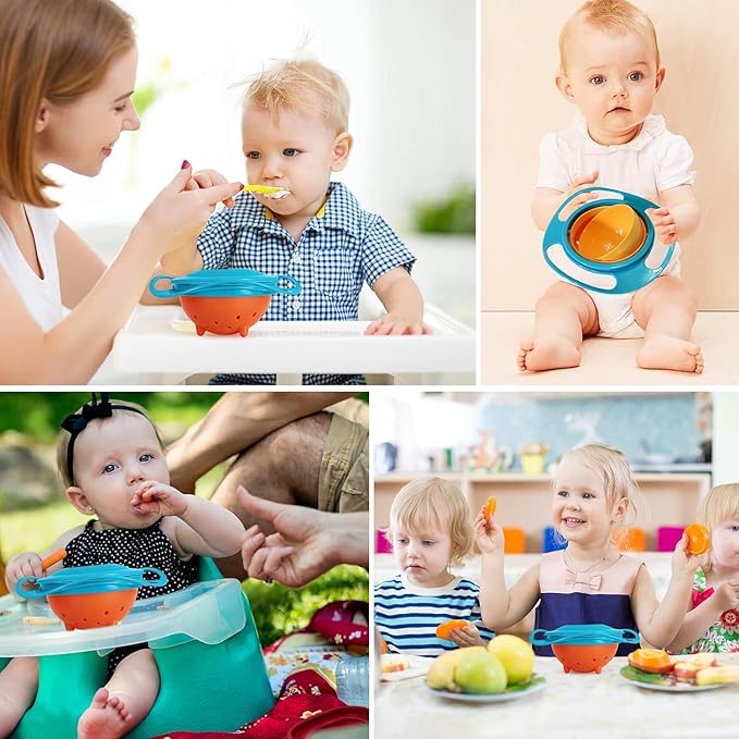 BPA Free Anti Spill 360 Rotate Gyro Bowl for Babies, Universal Kids Feeding Tableware (Orange/Green), Small