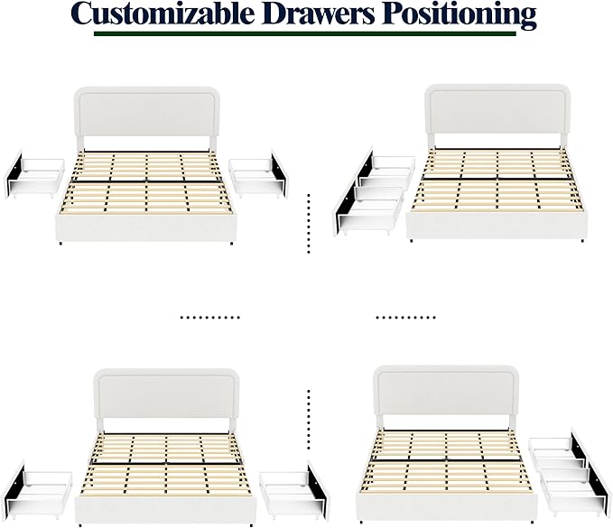 Christopher Knight Home Liv Upholstered Bed with Storage, Queen Size Platform Bed with 2 Drawers, Curved Stitched Tufted Headboard, Wooden Slat Mattress Support, No Box Spring Needed, Ivory Boucle