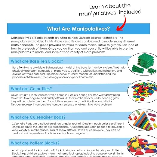 hand2mind Take Home Math Manipulatives Kit for Kids Grade K-2, with Snap Cubes, Base Ten Blocks, Cuisenaire Rods, Pattern Blocks, Color Tiles and Learning Clock, Homeschool Supplies (292 Pieces)