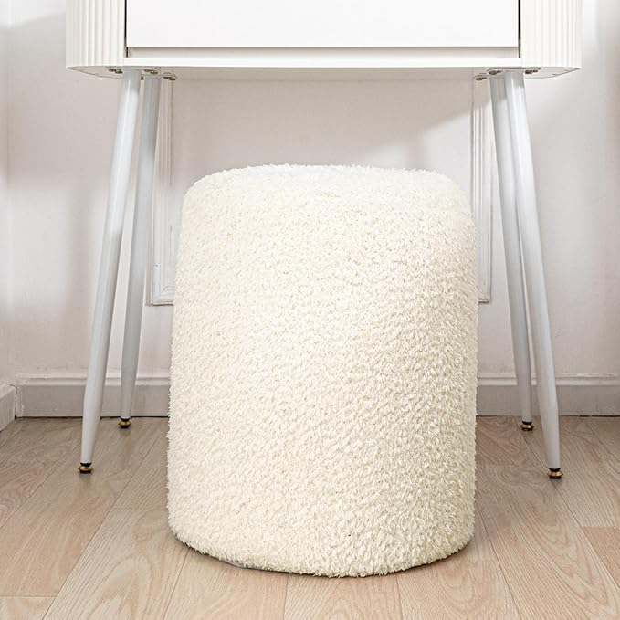 Round Ottoman Soft Chair 14.6x14.6x18 Inches Boucle Ottoman Multifunctional Ottoman Foot Rest Fluffy Fur Ottoman Stool Pouf Footrest Stool for Living Room Bedroom (Cream)
