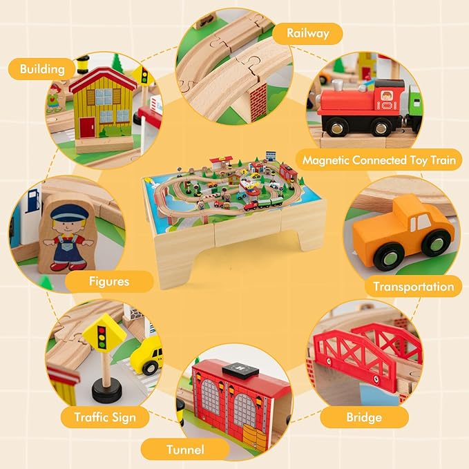 HONEY JOY Train Table, Wooden Kids Activity Table with Storage, 84 Multicolor Pieces, Tracks, Trains, Cars, Toddler Toy Train Table Set w/Reversible Tabletop, Gift for Boys Girls Ages 3+ (Natural)