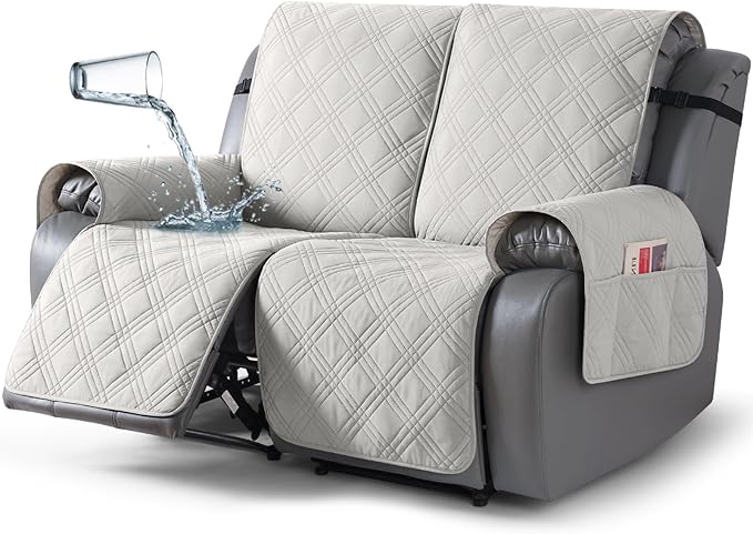 TAOCOCO 100% Waterproof Loveseat Recliner Cover with Straps, Split Loveseat Cover for Reclining loveseat, Non Slip Reclining Sofa Cover Furniture Protector for Kids, Pets(2 Seater, Off White)