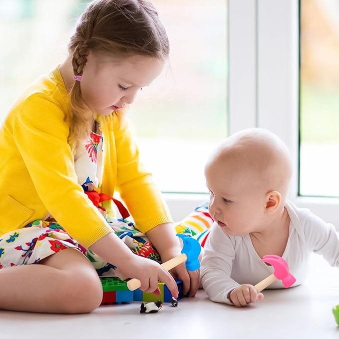 2 Pack Wooden Hammer Toys Simulation Hammers Maintenance Tools Educational Toys for Kids Birthday Party Games Supplies (Blue + Rose Red)