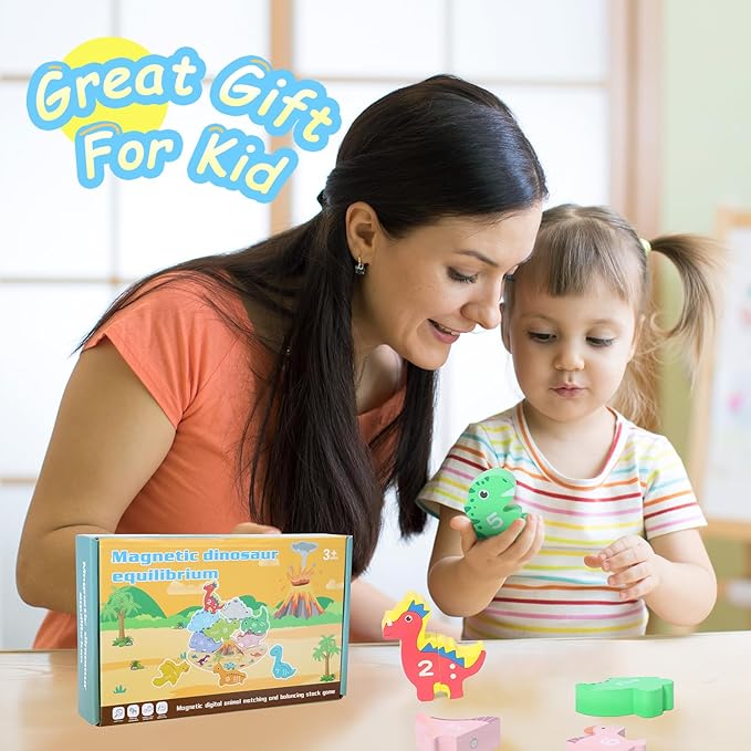 Magnetic Dinosaur Stacking Toys for Toddlers Age 1-3, Montessori Wooden with Numbers, Educational Balance Toy for Boys & Girls Easter Gift for 1 2 3Age, Dinosaur Stacking Game for Preschool Learning