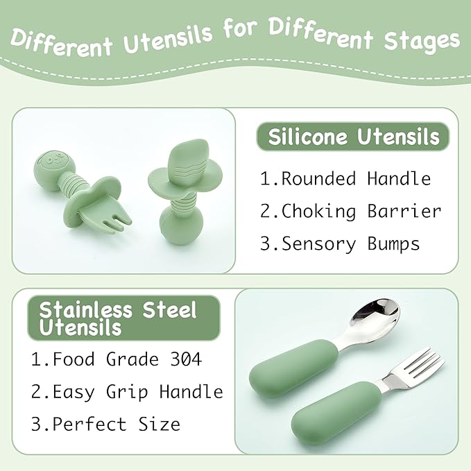Silicone Baby Feeding Set, Baby Led Weaning Supplies, Eating Essentials Utensils with Suction Plate and Bowl, Pocket Bib, Sippy Cup with Lid, Forks Spoons Snack Container, for 6+ Months, Green