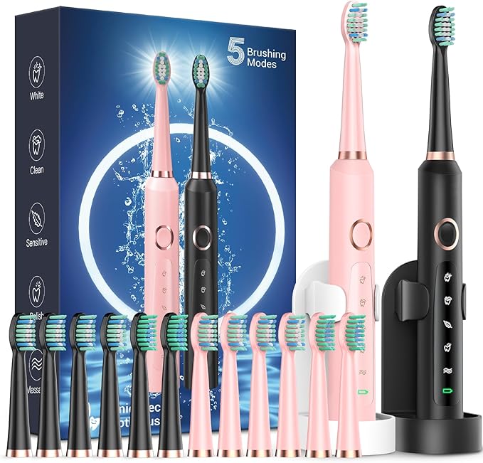 Rtauys 2 Pack Electric Toothbrush for Adults - 2 Rechargeable Electric Toothbrushes with 12 Brush Heads & 2 Travel Case, Power Electric Toothbrush with Holder, 3 Hrs Charge for 120 Days - Black+Pink