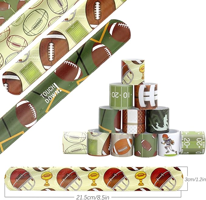 72PCS Football Slap Bracelets Wristband Football Party Favors, Football Birthday Rugby Match Party Supplies Kids Classroom Gifts, Sports Themed Bracelets for Kids and Adults, 12 Designs