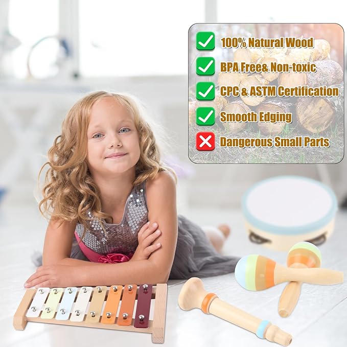 Musical Instruments for Toddlers - Eco-Friendly Wooden Percussion Set with Xylophone, Tambourine, and Maracas in Neutral Colors - Montessori Toys for Perfect Educational Gift for Kids