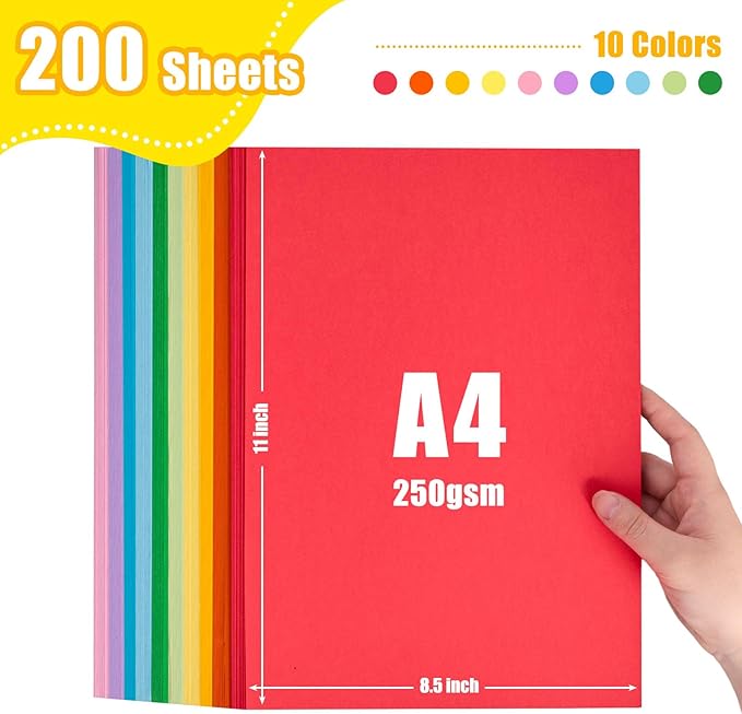3 otters 200 Sheets Colored Card Stock, 180 GSM 10 Colors Construction Paper for Scrapbook, School Office Supplies