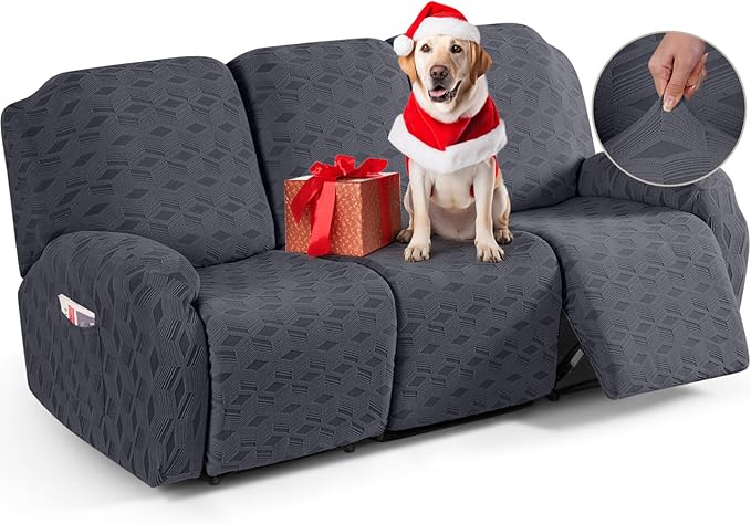 TAOCOCO Recliner Sofa Covers Stretch Reclining Couch Cover, Jacquard Recliner Couch Cover for 3 Seat Furniture Protector Sofa Slipcovers with Elastic Bottom for Kids, Pets (Dark Grey)