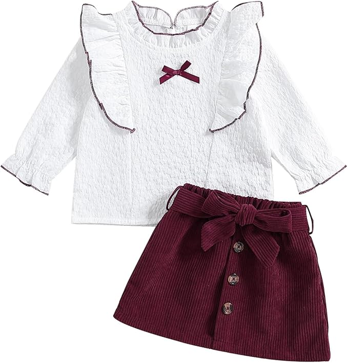 Fernvia Toddler Baby Girl Fall Winter Skirt Set Turtleneck Ribbed Long Sleeve T-Shirt Top & Plaid Skirts Dress 2Pcs Outfits