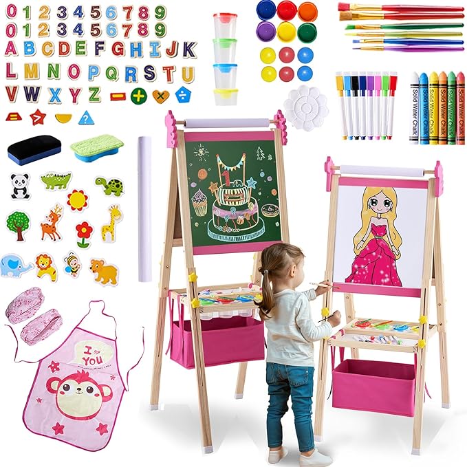 2-in-1 Double Sided Kid's Easel, Height-Adjustable Art Easel for Boys and Girls Ages 3-10, Including 100+ Accessories with Magnetic Chalkboard & Painting Board, Toddler Gifts