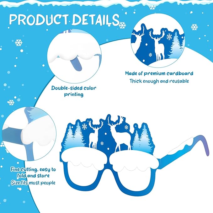 36 Pcs Winter Party Favors Snowflake Paper Eyeglasses Winter Wonderland Party Decorations Photo Booth Props for Christmas Holiday Baby Shower Birthday Supplies