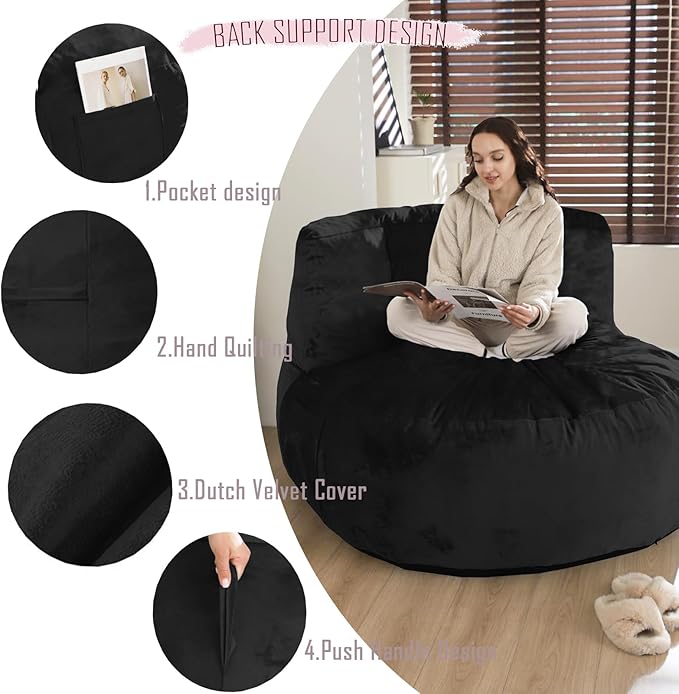 WhatsBedding 5FT Bean Bag Chair for Adults,Kids & Teenagers Bean Bags Giant with Memory Foam Filled,Beanbag Chairs Large Sofa with Dutch Velvet Cover(Black,Large,Back Support)