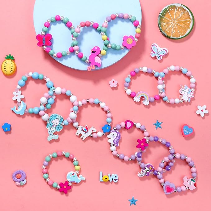 20 Psc Girls Bracelets Kids Party Favors Birthday Goodie Bag Fillers Pinata Stuffers Classroom Prize Exchange Gifts, Princess Play Jewelry Cute Animals Wooden Beads Friendship Bracelets Gifts