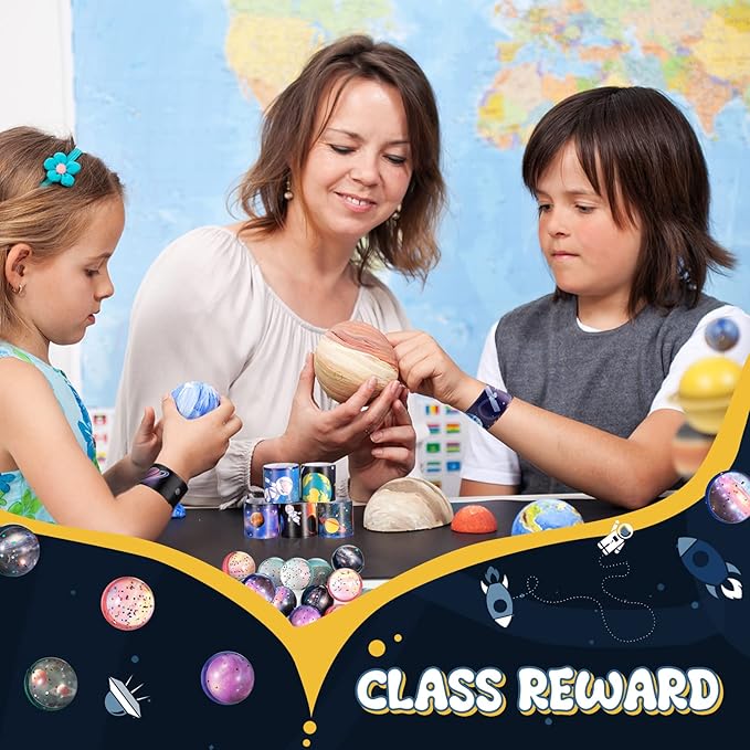 32 Pieces Space Bouncy Balls Slap Bracelets Set, Inclued 16 Space Slap Bracelets and 16 Rubber Space Theme Galaxy Bouncy Balls for Outer Space Birthday Party Favors Supplies Toys Bag Fillers