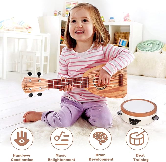 Kids Guitar Set - Toys for 2 3 Year Old Boy Gifts, Montessori Musical Instruments for Toddler 2-4, Birthday Gifts for 3 4 Year Old Girls, Band Sets with Ukulele/Tambourine/Maracas for Kids Age 3 4 5 6