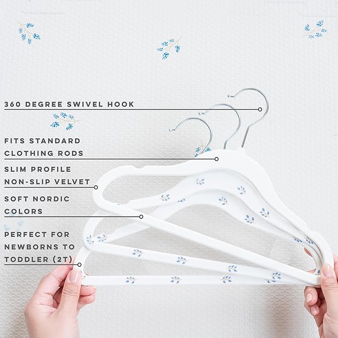 3 Sprouts Velvet Baby Hangers - Non-Slip Hanger for Infant, Toddler, Baby Clothes - Closet Kids Hangers with Slim Design, Nordic Colors, Pack of 30 - Blueberry & Cream