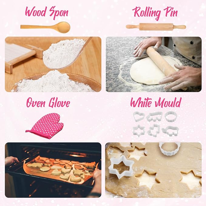 Kids Cooking Baking Set , Kids Kitchen Pretend Play Toys, Kids Chef Role Play Costume Set - Chef Hat and Matching Pink Apron, Birthday Xmas Gifts for 3-8 Year Old Girls Toys