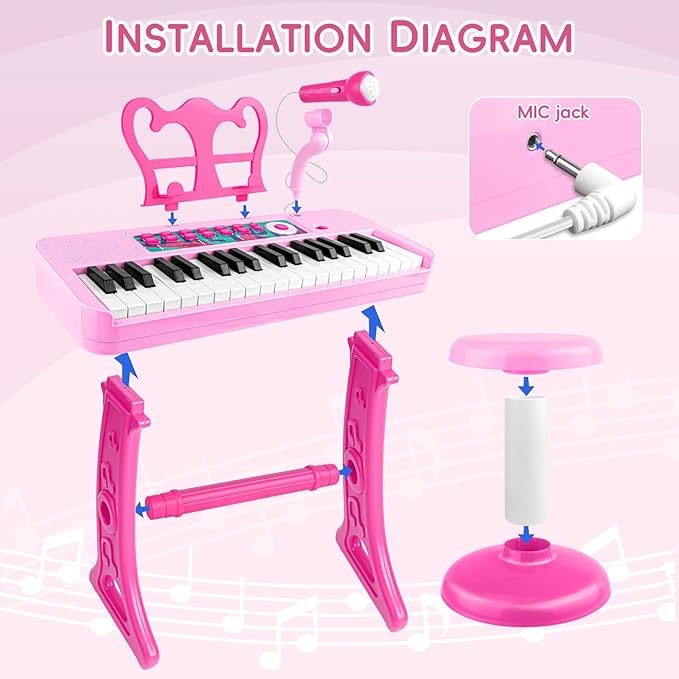 Amy&Benton Birthday Gift for 3 4 5 6 7 Year Old Girls Piano Toy with Stood for Girls 3-5 Pink Music Keyboard Toy 37 Keys with Chair