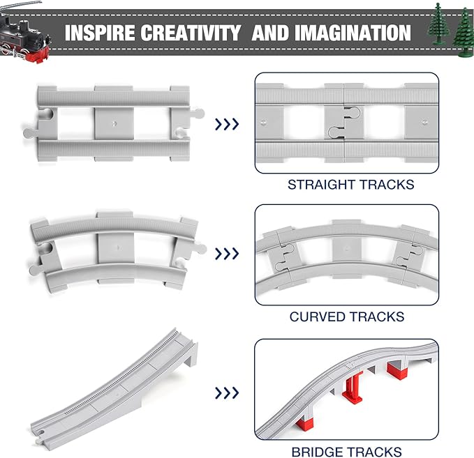 34 Pieces Train Bridge Track, Classic Railway Track with 12 Curved Tracks, 12 Straight Tracks and Bridge Tracks - Compatible with All Major Brands, Toy Track Accessory for Kid, Light Grey