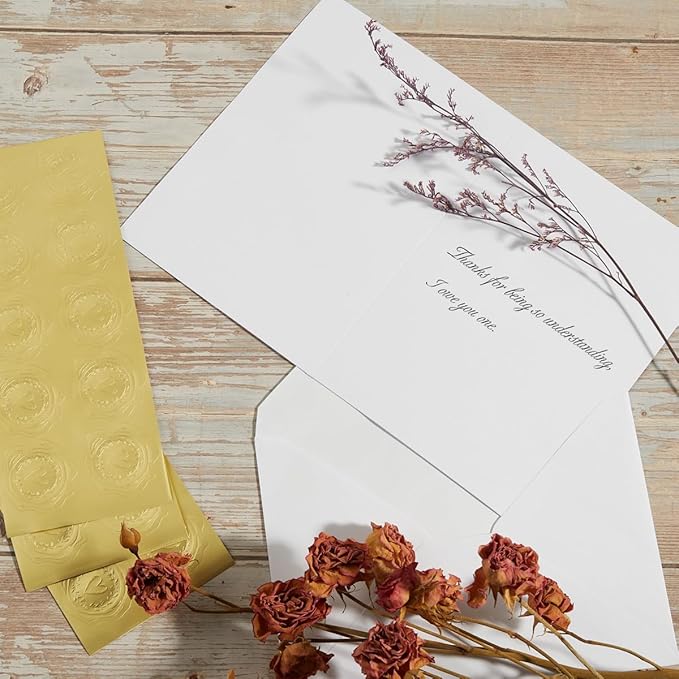 50 Pack White A7 Envelopes with Cards 5x7 Thick Folded Cardstock and Gold Stickers for Greeting Cards, Wedding, Birthday, Invitations, Baby Showers (White, 5x7)