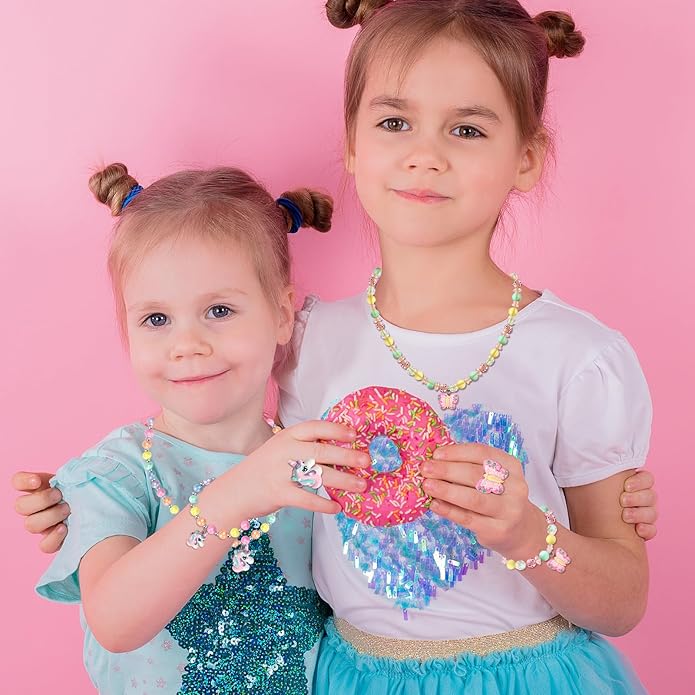 3 Sets Girl Princess Necklace Bracelet Ring Kids Stretchy Jewelry Gift Unicorn Butterfly Necklace Bracelets Rings Party Favors Dress up Jewelry for Little Girl Toddler(with Gift Box)