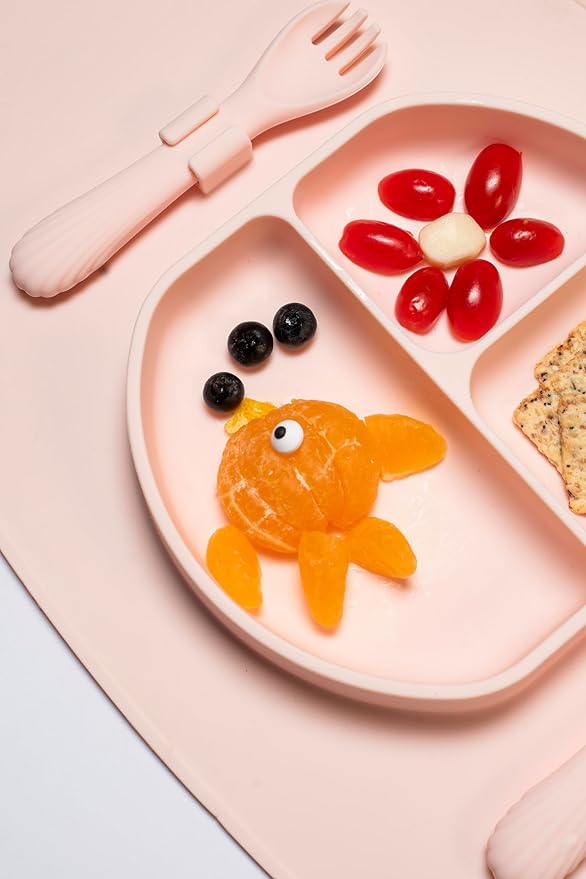 Modern Mini - Silicone Suction Plate, Baby Toddler, Divided Plate with Fork & Spoon - Unbreakable, Non-Toxic, Food Grade Silicone, Strong Suction Grip, Spill Proof, & Foldable for Travel!