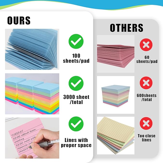 30 Pads Lined Sticky Notes, Sticky Note Pads 3x3 inches, 10 Bright Color Sticky Notes with Lines Self-Stick Note Pads, Perfect for Office Home School(100 Sheet/Pad)