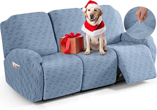 TAOCOCO Recliner Sofa Covers Stretch Reclining Couch Cover, Jacquard Recliner Couch Cover for 3 Seat Furniture Protector Sofa Slipcovers with Elastic Bottom for Kids, Pets (Light Blue)